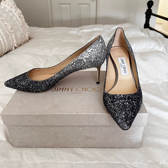 Jimmy Choo Romy 60 Silver and Blue Ombré Glitter Pointy Toe Pumps $190 - Picture 5 of 13